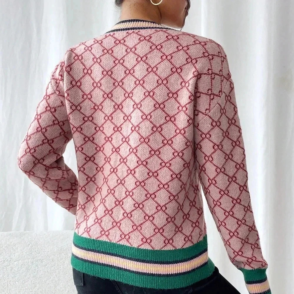 Allover Print Colorblock Crew Neck Long Sleeve Sweater - Picture 4 of 6